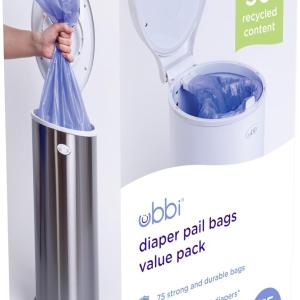 Ubbi Diaper Pail Plastic Bags, Disposable Baby Waste Bags, 3 Pack, 75 Count, 13-Gallon Bags